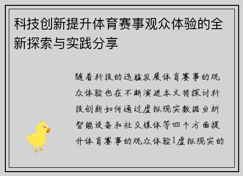 科技创新提升体育赛事观众体验的全新探索与实践分享