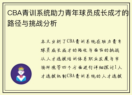 CBA青训系统助力青年球员成长成才的路径与挑战分析